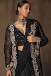 Shop_tara thakur_Black Butterfly Net Embroidered Thread Deep V Neck Jacket Pre-draped Saree Set _Online_at_Aza_Fashions