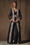 tara thakur_Black Butterfly Net Hand Embroidered Thread Deep V Neck Jacket Pant Set _Online_at_Aza_Fashions