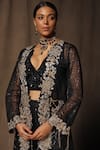 Shop_tara thakur_Black Butterfly Net Hand Embroidered Thread Deep V Neck Jacket Pant Set _Online_at_Aza_Fashions