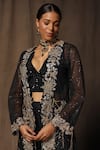 tara thakur_Black Butterfly Net Hand Embroidered Thread Deep V Neck Jacket Pant Set _at_Aza_Fashions