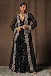 Buy_tara thakur_Black Butterfly Net Hand Embroidered Thread Deep V Neck Jacket Pant Set _at_Aza_Fashions