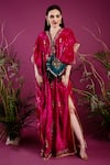 Buy_tara thakur_Fuchsia Velvet Embroidered Conch Shell V-neck Zari Kaftan Dress  _at_Aza_Fashions