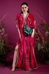 tara thakur_Fuchsia Velvet Embroidered Conch Shell V-neck Zari Kaftan Dress  _Online_at_Aza_Fashions