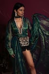 tara thakur_Green Organza Embroidered Kiran V-neck Woven Floral Slit Dress With Bodysuit _Online_at_Aza_Fashions