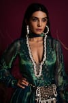 Buy_tara thakur_Green Organza Embroidered Kiran V-neck Woven Floral Slit Dress With Bodysuit _Online_at_Aza_Fashions