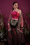 tara thakur_Fuchsia Velvet Embroidered Floral Pattern Stripe Print Lehenga Set  _Online_at_Aza_Fashions