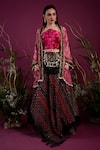 tara thakur_Fuchsia Velvet Embroidered Kiran Floral Pattern Stripe Print Lehenga Set _at_Aza_Fashions