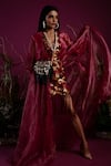 Buy_tara thakur_Fuchsia Brocade Woven Floral Jacket Lapel Collar Sheer With Dress _at_Aza_Fashions