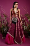 Buy_tara thakur_Fuchsia Brocade Woven Floral Halter Layered Lehenga With Bodysuit _at_Aza_Fashions