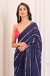 Shop_Masumi Mewawalla x AZA_Blue Crepe Embroidery Sequins Deep V Neck Stripe Saree With Blouse _at_Aza_Fashions