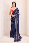 Masumi Mewawalla x AZA_Blue Crepe Embroidery Sequins Deep V Neck Stripe Saree With Blouse _Online