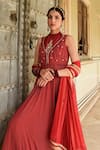 Shop_Taro_Red Chiffon Embroidery Zari Round High Sindhuri Yoke Anarkali Set  _Online_at_Aza_Fashions