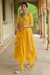 Taro_Yellow Satin Woven Dew Drops V Neck Kaner Yoke Embellished Anarkali Set _Online_at_Aza_Fashions