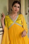 Shop_Taro_Yellow Satin Woven Dew Drops V Neck Kaner Yoke Embellished Anarkali Set _Online_at_Aza_Fashions