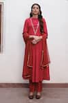 Buy_Taro_Red Handwoven Chanderi Silk Embroidery Aabroo Yoke A-line Kurta Set  _at_Aza_Fashions