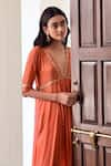 Shop_Taro_Orange Chiffon Printed Dew Drops V Neck Ira Anarkali And Pant Set _Online_at_Aza_Fashions