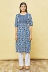 Samyukta Singhania_Blue Cotton Floral And Vine Print Kurta_Online_at_Aza_Fashions