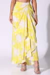 Sakshi Girri_Yellow Crepe Printed Floral Leaf Draped Skirt Cape Set _Online_at_Aza_Fashions