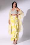 Buy_Sakshi Girri_Yellow Crepe Printed Floral Leaf Draped Skirt Cape Set _Online_at_Aza_Fashions