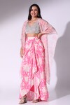 Buy_Sakshi Girri_Pink Crepe Printed Floral Leaf Draped Skirt Cape Set_at_Aza_Fashions