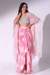 Sakshi Girri_Pink Crepe Printed Floral Leaf Draped Skirt Cape Set_Online_at_Aza_Fashions