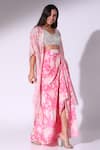 Buy_Sakshi Girri_Pink Crepe Printed Floral Leaf Draped Skirt Cape Set_Online_at_Aza_Fashions