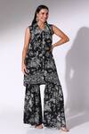 Shop_SAKSHI GIRRI_Black Crepe Stones V-neck Sleeveless Printed Tunic And Sharara Set_Online_at_Aza_Fashions