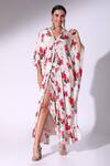 Buy SAKSHI GIRRI Red Crepe Embroidery V-neck Poppy Bloom Print Kaftan With Asymmetric Skirt at Aza Fashions Buy_SAKSHI GIRRI_Red Crepe Embroidery V-neck Poppy Bloom Print Kaftan With Asymmetric Skirt_at_Aza_Fashions