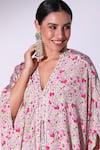 Sakshi Girri_Pink Crepe Print Ditzy Bloom V Floral Kaftan With Asymmetric Skirt  _at_Aza_Fashions