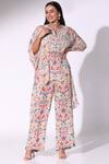 Buy_Sakshi Girri_Multi Color Chiffon Print Botanical Notched V Asymmetric Kaftan With Pant _at_Aza_Fashions