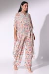 Shop_Sakshi Girri_Multi Color Chiffon Print Botanical Notched V Asymmetric Kaftan With Pant _Online_at_Aza_Fashions