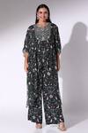 Buy_Sakshi Girri_Black Chiffon Print Gardenia Notched V Asymmetric Kaftan With Pant _at_Aza_Fashions