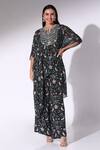 Sakshi Girri_Black Chiffon Print Gardenia Notched V Asymmetric Kaftan With Pant _Online_at_Aza_Fashions
