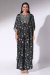 Sakshi Girri_Black Chiffon Print Gardenia Notched V Asymmetric Kaftan With Pant _at_Aza_Fashions