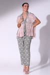 Sakshi Girri_Pink Crepe Print Ditzy Flora Lapel Collar Petunia Bloom Kaftan Cape Pant Set _at_Aza_Fashions