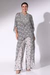 Buy_Sakshi Girri_Blue Chiffon Print Floral Notched V Bloom Asymmetric Kaftan With Pant  _at_Aza_Fashions