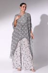 Sakshi Girri_Blue Chiffon Print Floral Notched V Bloom Asymmetric Kaftan With Pant _Online_at_Aza_Fashions