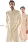 Buy_Sawan Gandhi_Ivory Georgette Embroidered Pearl And Thread Sherwani Set _at_Aza_Fashions