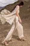 Shop_Sawan Gandhi_Ivory Net And Georgette Sequin Bloom Embellished Cape Pant Set _at_Aza_Fashions