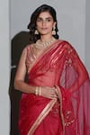 Rishi and Vibhuti_Red Crepe And Organza Embellished Sequins V Neck Saree With Blouse _Online_at_Aza_Fashions