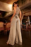 Shop_Babita Malkani_Grey Pure Satin Embellished Pearl V-neck Draped Jumpsuit _at_Aza_Fashions