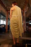 Babita Malkani_Green Pure Crepe Embellished Pearl Cape High Neck Asymmetric Skirt Set_Online_at_Aza_Fashions