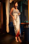 Buy_Babita Malkani_Grey Pure Satin Embellished Pearl V-neck Shaded Draped Dress_at_Aza_Fashions
