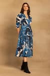 Reena Sharma_Blue Cotton, Twill V-neck Sara Floral Print Wrap Dress _Online_at_Aza_Fashions