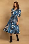 Buy_Reena Sharma_Blue Cotton, Twill V-neck Sara Floral Print Wrap Dress _Online_at_Aza_Fashions