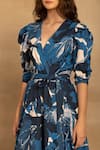 Shop_Reena Sharma_Blue Cotton, Twill V-neck Sara Floral Print Wrap Dress _Online_at_Aza_Fashions