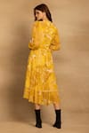 Shop_REENA SHARMA_Yellow Viscose Georgette Printed Floral Band V Neck Sara Tiered Dress _at_Aza_Fashions