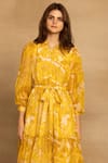 REENA SHARMA_Yellow Viscose Georgette Printed Floral Band V Neck Sara Tiered Dress _Online_at_Aza_Fashions