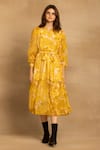 Buy_REENA SHARMA_Yellow Viscose Georgette Printed Floral Band V Neck Sara Tiered Dress _Online_at_Aza_Fashions