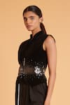 Siddartha Tytler_Black Velvet Embellished Metal Stud Mandarin Collar Waistcoat  _Online_at_Aza_Fashions